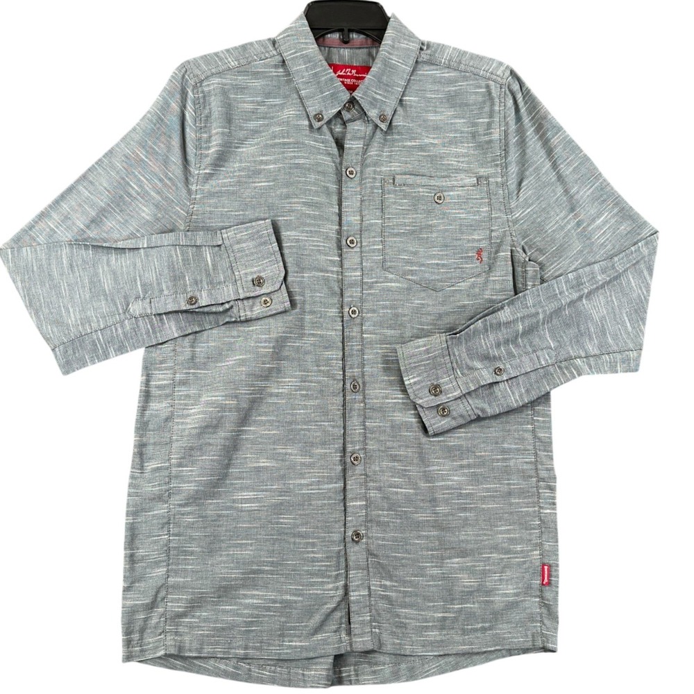 John M. Browning Button Down Shirt Mens M Grey Slub Textured Logo Casual